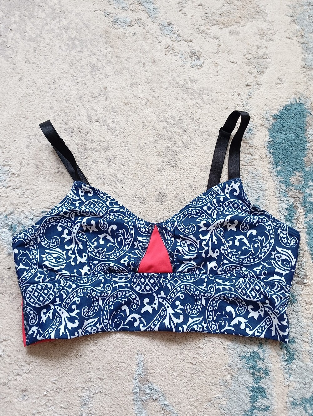 oiselle Navy and White Paisley Sports Bra with Bright Red Band